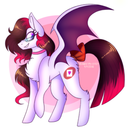 Size: 2000x2000 | Tagged: safe, artist:keanuvyfoxy09, oc, oc only, oc:screamless, pony, abstract background, bat wings, bow, butt fluff, chest fluff, collar, colored wings, female, glasses, high res, leg fluff, looking at you, mare, raised hoof, solo, spread wings, standing, tail bow, wings