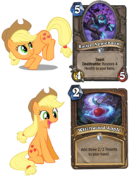 Size: 1008x1375 | Tagged: safe, applejack, g4, apple, applejack's hat, bucking, card, cowboy hat, cute, food, happy, hat, hearthstone, simple background, warcraft