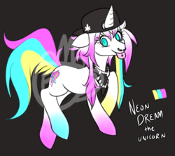 Size: 935x832 | Tagged: safe, artist:foxinacup, oc, oc only, oc:neon dream, pony, unicorn, backwards ballcap, baseball cap, cap, colored hooves, colored pupils, dark background, female, gradient mane, hat, looking at you, mare, multicolored tail, nose piercing, nose ring, piercing, reference sheet, scene kid, simple background, solo, tongue out, tongue piercing, watermark