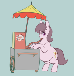 Size: 1209x1235 | Tagged: safe, artist:heftyhorsehostler, oc, oc only, oc:hot dogger, earth pony, pony, belly, big belly, bipedal, bipedal leaning, blue background, eating, fat, female, food, hot dog, hot dog stand, leaning, meat, ponies eating meat, sausage, simple background, squishy, stuffed
