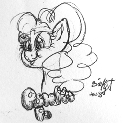 Size: 1510x1511 | Tagged: safe, artist:binkyt11, derpibooru exclusive, pinkie pie, earth pony, pony, g4, :p, bust, female, mare, monochrome, ponka po, silly, solo, tongue out, traditional art