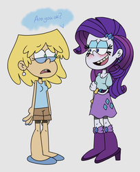 Size: 1783x2184 | Tagged: safe, artist:itoruna-the-platypus, rarity, equestria girls, g4, bedroom eyes, blushing, clothes, crossover, crossover shipping, dialogue, ear piercing, earring, female, jewelry, lesbian, lori loud, lority, nickelodeon, piercing, shipping, shoes, sleeveless, style emulation, tank top, text, the loud house
