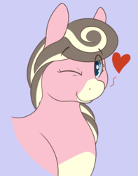 Size: 1200x1520 | Tagged: safe, artist:heftyhorsehostler, oc, oc only, oc:creamy neapolitan, earth pony, pony, bust, chubby, heart, looking at you, one eye closed, purple background, simple background, wink