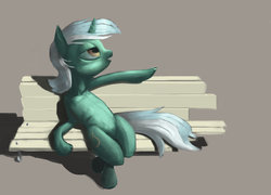 Size: 1024x736 | Tagged: safe, artist:justdayside, lyra heartstrings, pony, unicorn, g4, bench, female, simple background, sitting, solo