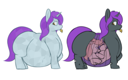 Size: 1400x880 | Tagged: safe, artist:heftyhorsehostler, oc, oc only, changeling, crystal pony, pony, a changeling's guide to large horse care, belly, big belly, changeling oc, chunkling, clothes, disguise, disguised changeling, endosoma, fat, fetish, profile, purple changeling, safe vore, see-through, simple background, soft vore, story included, translucent belly, transparent belly, transparent flesh, vore, white background