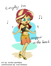 Size: 701x902 | Tagged: safe, artist:twilite-sparkleplz, sunset shimmer, equestria girls, equestria girls specials, g4, my little pony equestria girls: better together, my little pony equestria girls: forgotten friendship, anime style, belly button, bikini, clothes, cute, feet, female, flip-flops, midriff, music notes, reference, sandals, sarong, shimmerbetes, simple background, singing, smiling, solo, spongebob squarepants, stepping on the beach, swimsuit, walking small, white background