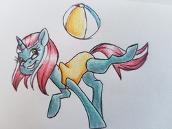 Size: 4032x3024 | Tagged: safe, artist:smirk, oc, oc only, pony, unicorn, ball, beach ball, clothes, female, glasses, mare, raised leg, request, simple background, smiling, solo, swimsuit, traditional art, white background