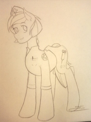 Size: 960x1280 | Tagged: safe, artist:dubsteppegasister, oc, oc only, oc:sundrop, pony, unicorn, clothes, female, mare, monochrome, solo, traditional art