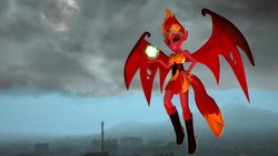 Size: 1191x670 | Tagged: safe, sunset shimmer, g4, 3d, city, dark magic, fireball, looking at you, magic, moon, sunset satan