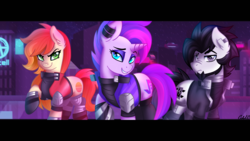 Size: 3840x2160 | Tagged: safe, artist:ciderpunk, oc, oc only, oc:blackout, oc:sunset neon, oc:synthwave, earth pony, pony, unicorn, clothes, cyberpunk, facial hair, female, goatee, high res, letterboxing, looking at you, male, mare, raised hoof, smiling, stallion, synthwave, wallpaper, widescreen