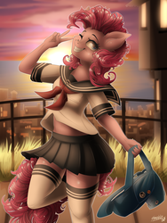 Size: 4500x6000 | Tagged: safe, artist:sparklyon3, pinkie pie, earth pony, anthro, rcf community, g4, absurd resolution, backpack, clothes, female, fuku, one eye closed, peace sign, school uniform, schoolgirl, socks, solo, thigh highs, wink