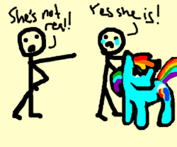 Size: 300x250 | Tagged: safe, artist:trigintaseptem, rainbow dash, pegasus, pony, g4, crying, drawception, female, mare, simple background, stick figure, waifu, wingless, yellow background