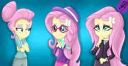 Size: 1400x720 | Tagged: safe, artist:liniitadash23, fluttershy, equestria girls, fake it 'til you make it, g4, alternate hairstyle, blue background, braid, clothes, crossed arms, eyeshadow, fluttergoth, glasses, goth, hipster, hipstershy, lidded eyes, makeup, severeshy, show accurate, simple background, snooty, trio, valley girl