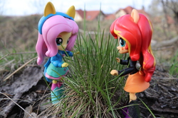Size: 6000x4000 | Tagged: safe, artist:artofmagicpoland, fluttershy, sunset shimmer, equestria girls, g4, clothes, doll, equestria girls minis, eqventures of the minis, female, irl, lesbian, photo, photography, planting, ship:sunshyne, shipping, sweater, sweatershy, toy, wondercolts uniform