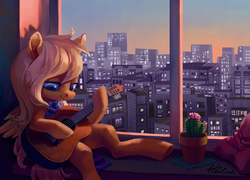 Size: 4014x2893 | Tagged: safe, artist:holivi, oc, oc only, oc:mirta whoowlms, pegasus, pony, g4, acoustic guitar, cactus, city, classical guitar, clothes, commission, female, guitar, mare, musical instrument, scarf, signature, solo, sunset, underhoof, window, windowsill