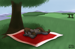 Size: 3100x2034 | Tagged: safe, artist:the-furry-railfan, oc, oc only, oc:rockall, earth pony, pony, blanket, forest, grass field, high res, mountain, mountain range, nap, scenery, shading, this will end in balloons, tree