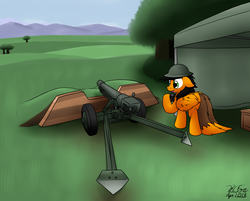 Size: 3239x2605 | Tagged: safe, artist:the-furry-railfan, oc, oc only, oc:twintails, pegasus, pony, artillery, binoculars, box, brodie helmet, cannon, forest, grass field, gun, helmet, high res, howitzer, mountain, mountain range, p 235, story included, tent, this will end in balloons, this will end in explosions, tree, weapon