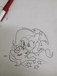 Size: 4160x3120 | Tagged: safe, artist:tjpones, starlight glimmer, trixie, pony, unicorn, g4, black and white, clothes, cuddling, cute, diatrixes, female, grayscale, hat, lesbian, lineart, mare, monochrome, ship:startrix, shipping, simple background, stalker, stalking, traditional art, trixie's hat