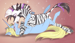 Size: 1748x1000 | Tagged: safe, artist:sunny way, oc, oc only, oc:alhazred, oc:art's desire, pony, unicorn, zebra, rcf community, abstract background, blushing, cheek fluff, chest fluff, cuddling, cute, eyes closed, female, floppy ears, fluffy, gradient background, grin, hoers, interspecies, kissing, leg fluff, legs in air, licking, lidded eyes, male, mare, misleading thumbnail, mlem, multicolored eyes, oc x oc, on back, on top, prone, shipping, silly, smiling, sparkles, stallion, stars, straight, tongue out, underhoof, unshorn fetlocks, zebra oc