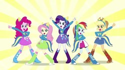Size: 1280x720 | Tagged: safe, screencap, applejack, fluttershy, pinkie pie, rainbow dash, rarity, equestria girls, g4, boots, clothes, female, helping twilight win the crown, high heel boots, looking at you, pose, shoes, singing, sweater, sweatershy, wondercolts uniform