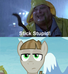 Size: 1270x1385 | Tagged: safe, edit, edited screencap, screencap, mudbriar, human, g4, the maud couple, clothes, crossover, dennis nedry, dialogue, jurassic park, male, meme, mudbriar may or may not be amused, stallion, stick, this will end in death, this will end in pain