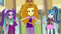 Size: 1280x720 | Tagged: safe, screencap, adagio dazzle, aria blaze, sonata dusk, equestria girls, g4, my little pony equestria girls: rainbow rocks, battle of the bands, lidded eyes, looking at you, singing