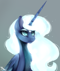 Size: 846x997 | Tagged: safe, artist:nutellaakanutella, princess luna, alicorn, pony, g4, ethereal mane, female, glowing mane, gray background, mare, simple background, solo, white mane