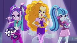 Size: 1920x1080 | Tagged: safe, screencap, adagio dazzle, aria blaze, sonata dusk, equestria girls, g4, my little pony equestria girls: rainbow rocks, equestria girls logo, looking at you, microphone, my little pony logo, singing, the dazzlings, under our spell, youtube link, youtube thumbnail