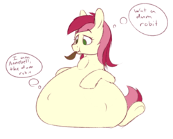 Size: 1059x850 | Tagged: safe, artist:heftyhorsehostler, roseluck, oc, oc:annebell, pony, robot, robot pony, g4, belly, big belly, dumb, endosoma, female, fetish, impossibly large belly, mare, simple background, soft vore, tail sticking out, thought bubble, throat bulge, vore, white background