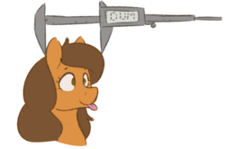 Size: 781x518 | Tagged: safe, artist:heftyhorsehostler, oc, oc only, oc:annebell, pony, robot, robot pony, bust, calipers, dumb, female, phrenology, simple background, solo, tongue out, white background