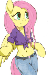 Size: 693x1067 | Tagged: safe, artist:grissaecrim, fluttershy, semi-anthro, g4, spoiler:comic64, arm hooves, belly button, belt, bipedal, clothes, curvy, cute, everything old, female, front knot midriff, hourglass figure, jeans, looking away, midriff, pants, shyabetes, simple background, solo, traditional art, white background, wings