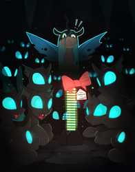 Size: 1500x1917 | Tagged: safe, artist:yakovlev-vad, queen chrysalis, changeling, changeling queen, g4, behaving like a moth, bow, bowtie, bug zapper, bugs doing bug things, changeling swarm, cute, cute little fangs, cuteling, exclamation point, eyes in the dark, fangs, female, frog (hoof), glowing eyes, imminent death, implied princess cadance, it's a trap, light, open mouth, scared, smiling, sweat, this will end in tears and/or death, too dumb to live, underhoof, worried