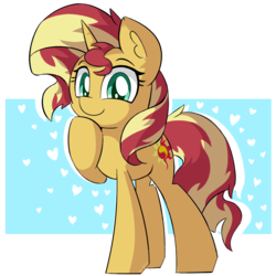 Size: 2000x2000 | Tagged: safe, artist:bojo, sunset shimmer, pony, unicorn, g4, cute, female, happy, heart, high res, hoof on chin, looking at you, mare, shimmerbetes, simple background, smiling, solo, transparent background