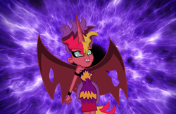 Size: 400x261 | Tagged: safe, sci-twi, sunset shimmer, twilight sparkle, alicorn, equestria girls, g4, black background, fusion, midnight sparkle, midnightsatan, purple background, purple fire, simple background, sunset satan, white background