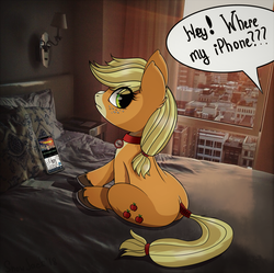 Size: 1782x1778 | Tagged: safe, artist:php97, applejack, pony, g4, bed, city, collar, cute, cutie mark, female, freckles, iphone, irl, looking at you, offscreen character, pet, pet tag, photo, ponies in real life, pony pet, sitting, solo, tail wrap, tumblr