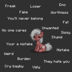 Size: 400x400 | Tagged: safe, part of a set, oc, oc only, oc:velvet love, pony, pony town, anxiety, bully, bullying, depressed, depression, discorded, female, grammar error, gray background, hate, mare, misspelling, misspelling of you're, sad, simple background, solo, text, white hair, you're
