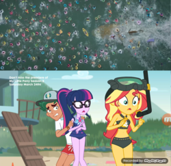 Size: 1225x1193 | Tagged: safe, artist:steghost, edit, screencap, sunset shimmer, timber spruce, twilight sparkle, megalodon, shark, equestria girls, equestria girls series, g4, unsolved selfie mysteries, bikini, clothes, crossover, geode of empathy, geode of telekinesis, jason statham, legs, lifeguard timber, meg, ocean, scared, swimsuit, the meg, this will end in death, this will not end well, trailer, water