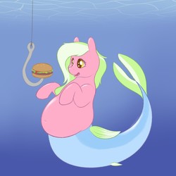 Size: 1280x1280 | Tagged: safe, artist:heftyhorsehostler, oc, oc only, merpony, belly, belly button, big belly, burger, chubby, fat, fishing, fishing hook, food, hook, underwater