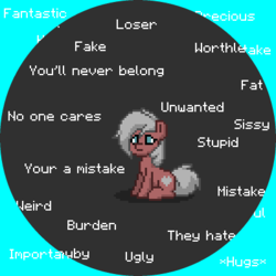 Size: 400x400 | Tagged: safe, part of a set, oc, oc only, oc:velvet love, pony, pony town, blue background, blue eyes, bullying, discorded, female, grammar error, gray background, hate, love, mare, misspelling, misspelling of you're, sad, sexism, simple background, solo, text, trolling, unreadable text, white hair