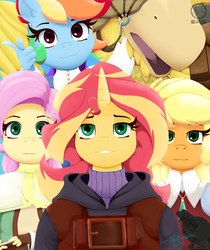Size: 2100x2500 | Tagged: safe, artist:jessesmash32, applejack, fluttershy, rainbow dash, sunset shimmer, unicorn, anthro, g4, clothes, female, final fantasy, final fantasy iii, high res, looking at you, mare, smiling