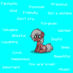 Size: 400x400 | Tagged: safe, part of a set, oc, oc only, oc:velvet love, pony, pony town, blue background, blue eyes, discorded, female, happy, love, mare, simple background, text, unreadable text