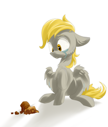 Size: 3386x3974 | Tagged: safe, artist:kovoranu, derpy hooves, pegasus, pony, g4, crying, disaster, female, floppy ears, food, high res, mare, muffin, muffin denial, sad, simple background, solo, teary eyes