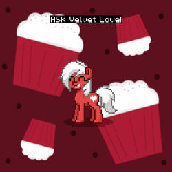 Size: 400x400 | Tagged: safe, oc, oc only, oc:velvet love, pony, pony town, ask, cupcake, female, food, happy, mare, red, smiling, text, tumblr, white hair