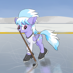 Size: 2500x2500 | Tagged: safe, artist:litrojia, cloudchaser, pegasus, pony, g4, clothes, female, high res, hockey, hockey stick, ice hockey, ice skates, jersey, mare, mouth hold, open mouth, shirt, skating, solo, sports, winter