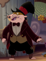 Size: 350x469 | Tagged: safe, screencap, verko, naked mole rat, anthro, plantigrade anthro, g4, my little pony: the movie, bowtie, clothes, cropped, goggles, hat, klugetown, male, solo focus, suit, top hat, whiskers