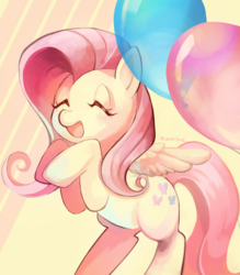 Size: 526x600 | Tagged: safe, artist:mizoreame, fluttershy, pegasus, pony, g4, abstract background, balloon, cute, eyes closed, female, mare, raised hoof, rearing, shyabetes, solo