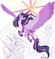 Size: 750x800 | Tagged: safe, artist:creeate97, twilight sparkle, alicorn, pony, g4, alternate design, belly, coat markings, colored wings, concave belly, countershading, facial markings, female, flying, glowing horn, horn, large wings, leonine tail, long horn, long tail, magic, mare, multicolored hair, multicolored wings, pale belly, purple, redesign, signature, simple background, slender, solo, spread wings, tail, thin, turned head, twilight sparkle (alicorn), unshorn fetlocks, white background, wings