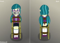 Size: 1057x755 | Tagged: safe, artist:robukun, juniper montage, equestria girls, g4, bondage, bound and gagged, chair, gag, rope, rope bondage, tape gag, tied to chair, tied up