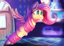 Size: 2801x2000 | Tagged: safe, artist:discorded, fluttershy, pegasus, pony, fake it 'til you make it, g4, :[, female, hair, high res, mare, oh no, scene interpretation, solo, tangled up, wings