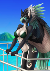 Size: 1754x2500 | Tagged: safe, artist:elvofirida, oc, oc only, oc:alpine apotheon, pegasus, anthro, anthro oc, bikini, clothes, feathered mane, female, looking at you, mare, smiling, swimsuit, ych result